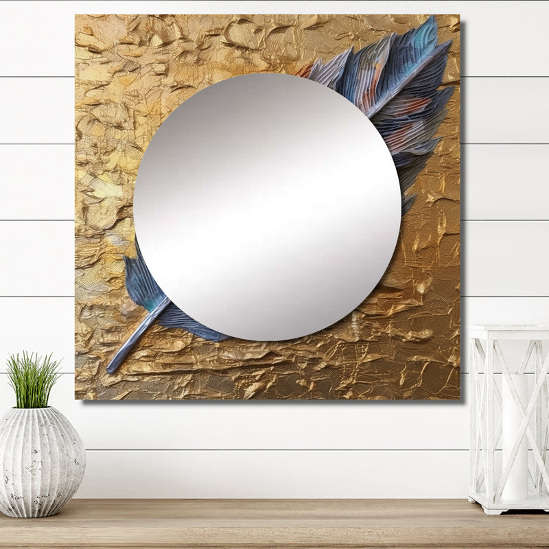 Boho Glam Exquisite Blue Feather On Gold Painting - Feathers Square Mirror Wall Decor For Bedroom, 23" x 23"