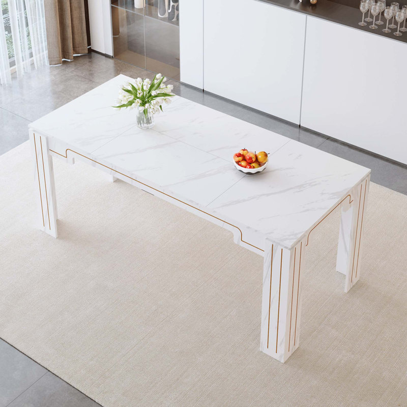 Table de salle à manger en marbre avec pieds rainurés, Blanc
