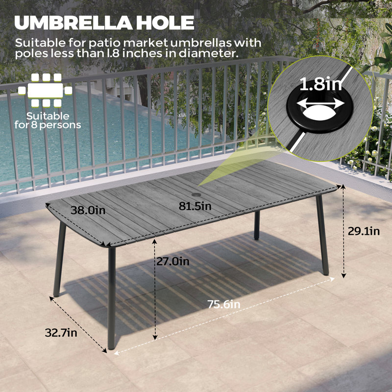 Ensemble repas pour 6 personnes avec coussins amovibles et trou pour parasol, Coussin gris / cadre gris