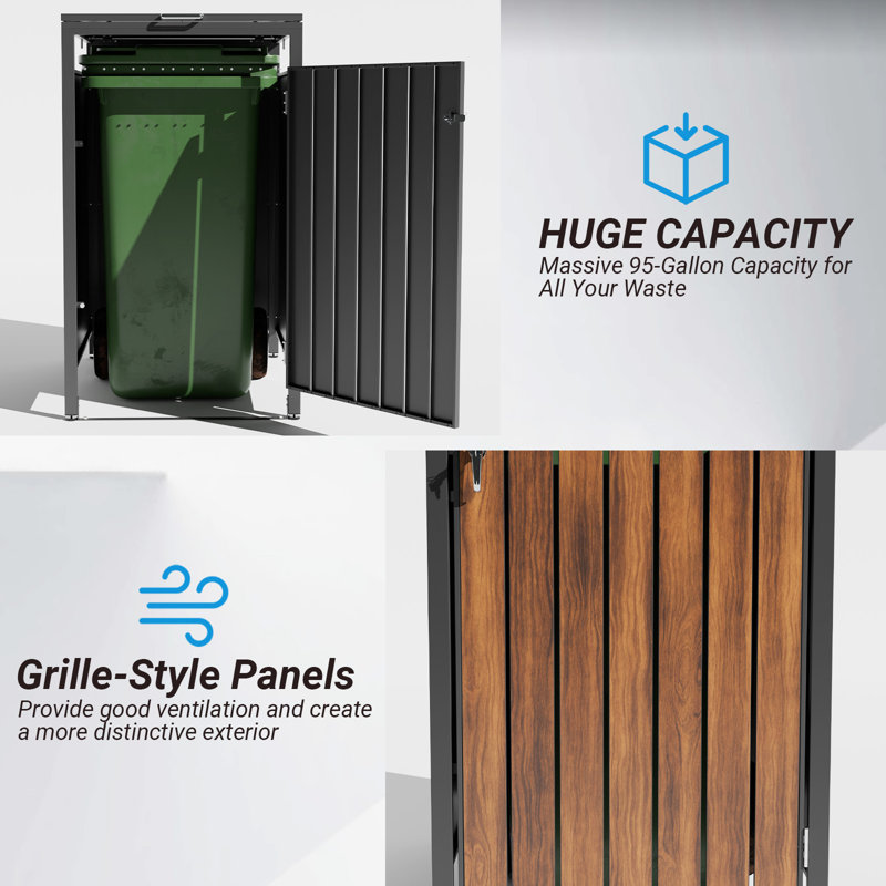 Metal Outdoor Trash Can Enclosure, Weatherproof Garbage Bin Storage Cabinet with Lock & Lift Top