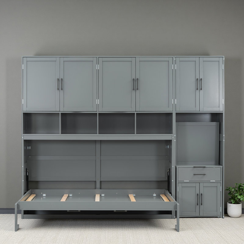 Lit escamotable simple avec placard, tiroirs et bureau, gris