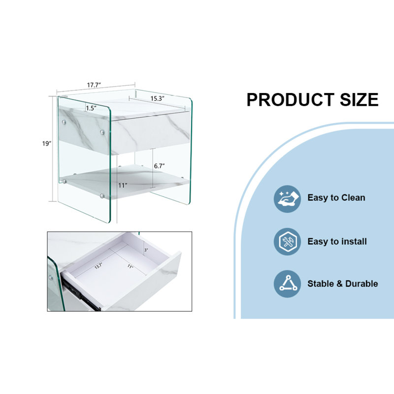 Bedside Table With Drawers.The Board Surface Is MDF With White Grain Sticker,And Both Sides Are Tempered Glass.The Design Is Simple And Elegant, With Excellent Storage Functions.W1512P285061