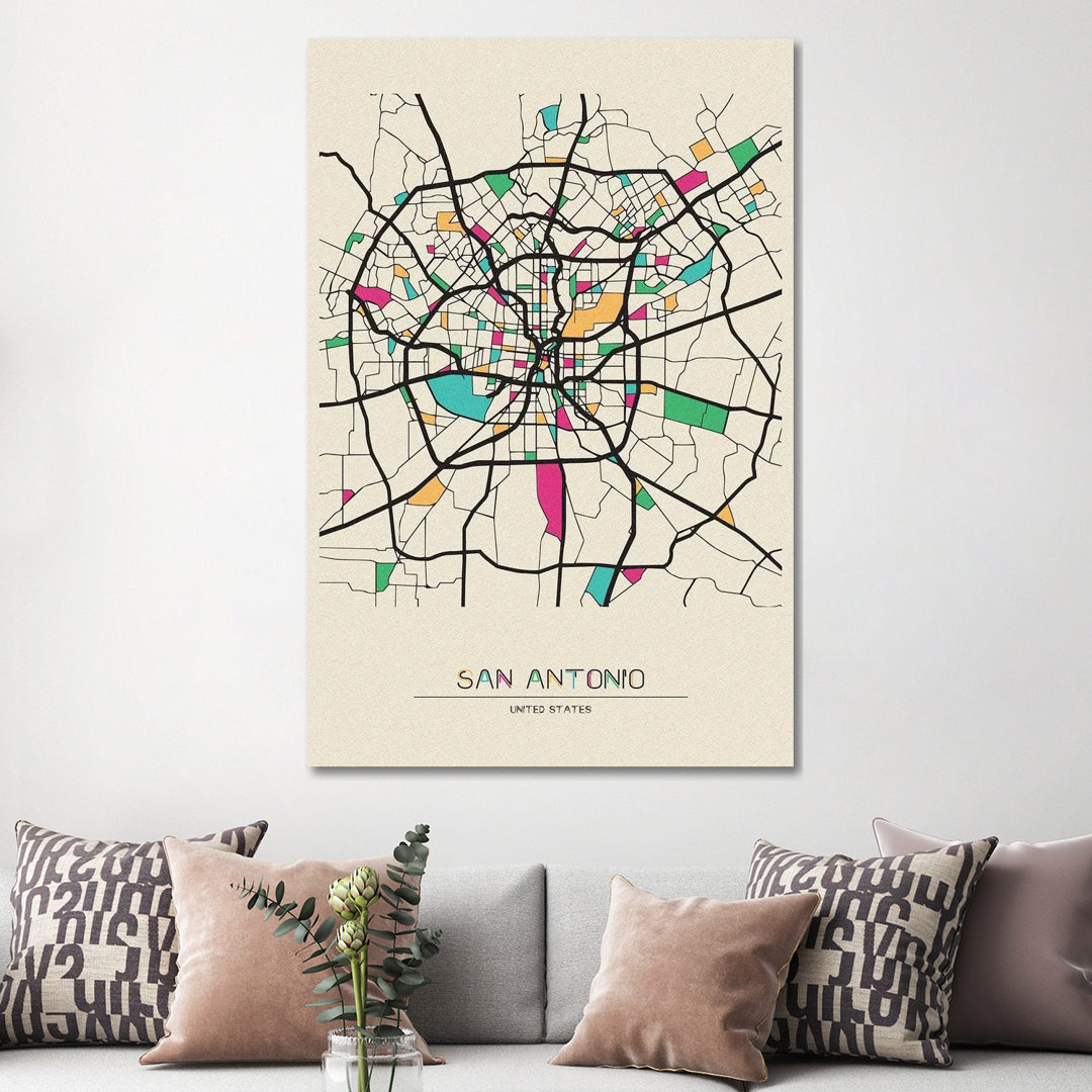 San Antonio, Texas Map by Ayse Deniz Akerman - Wrapped Canvas Print