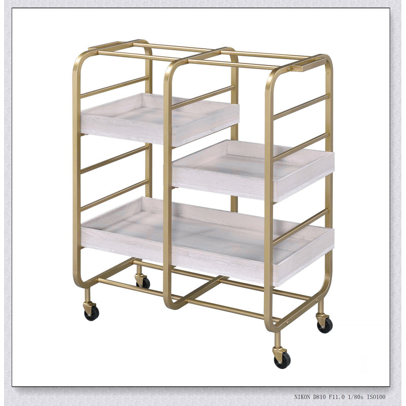 Gold and Washed Serving Cart with 3 Adjustable Trays, Perfect for Entertaining and Dining, Gold/White