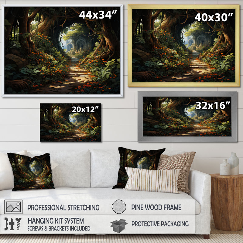 Green Tunnel Enchanted Forest Earthy II, reproduction d'art sur toile, Cadre flottant doré, H 16 po x l 32 po x P 1 po