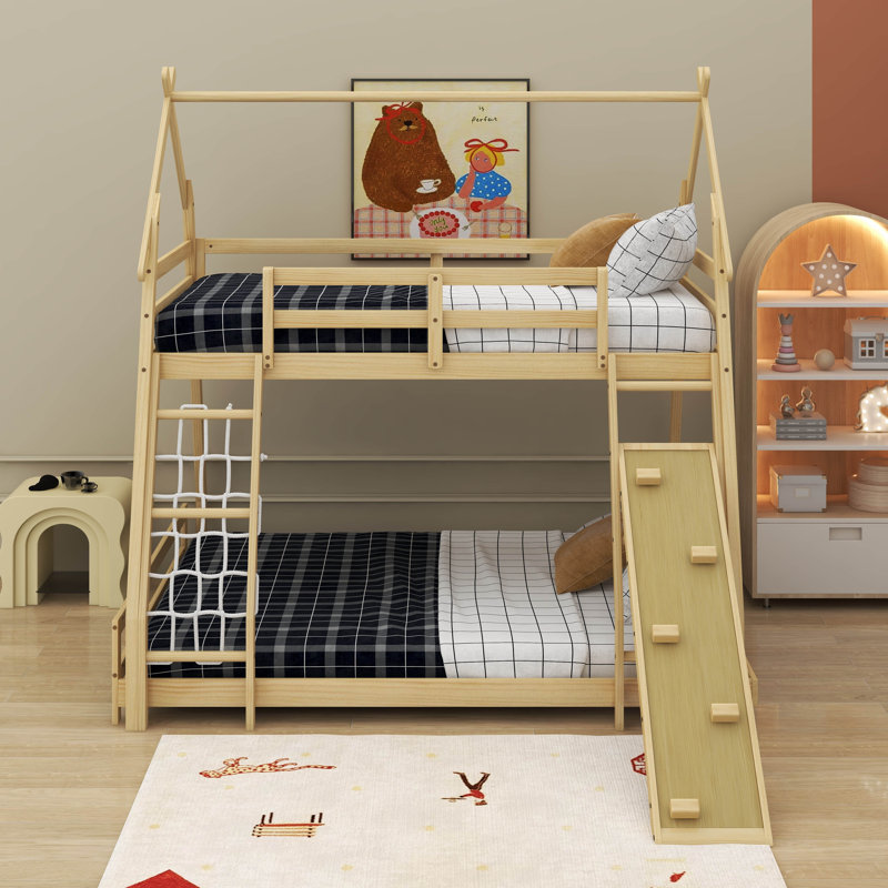 Twin Over Queen House Bunk Bed With Nets And Ramp, Natural