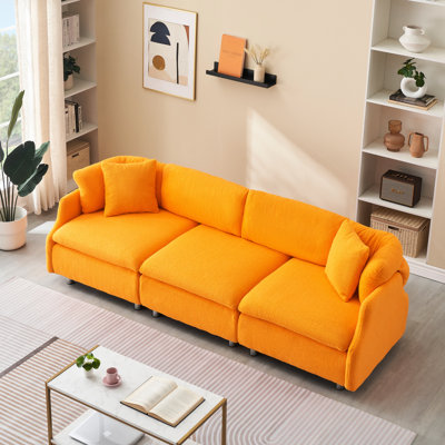 3 sièges modernes avec velours de 95,3 pouces, tissu orange et coussins décoratifs attrayants pour un espace de vie en velours charmant et magnifique