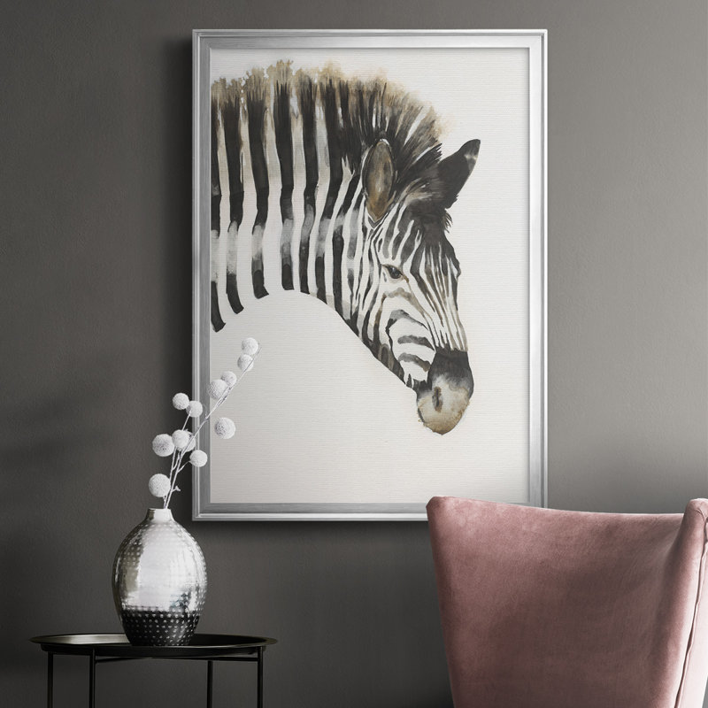 Zèbre à rayures encadrées sur papier, H 24,5 po x l 18,5 po x P 1,25 po, Argent