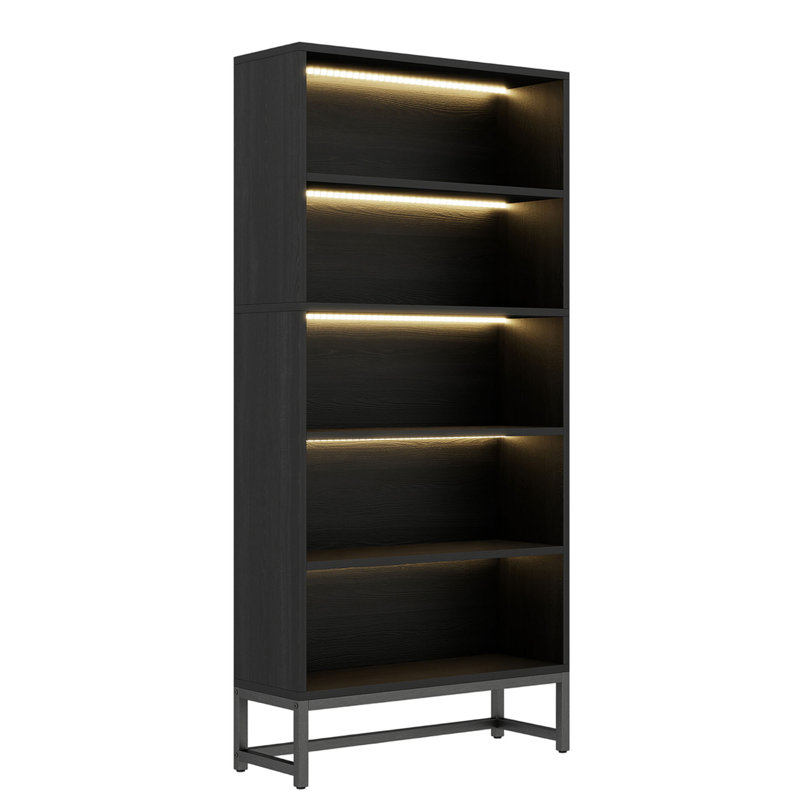Bookcase With Adjustable Led Lights, 5 Tier Wood Bookshelf With Metal Support, Black