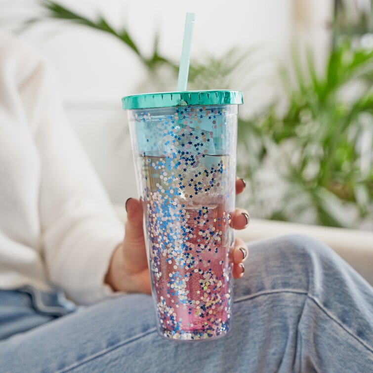 Plastic Lid 12oz Insulated Cup with Straw Glitter Stainless Steel