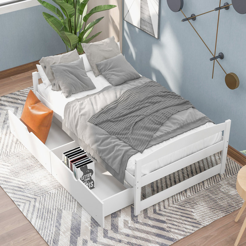 Structure de lit plateforme simple avec deux tiroirs sous le lit, blanc, Blanc