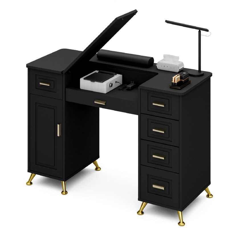 Manicure Table with Removable Panel, Nail Tech Desk with Dust Collector, Drawers & Storage, Nail Station for Salon or Home Studio