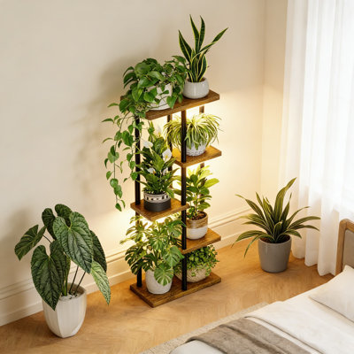 Support pour plante d'intérieur à 5 niveaux avec lumière de croissance réglable, tablette verticale en métal et en bois pour la décoration intérieure, le salon, le patio et le jardinage intérieur