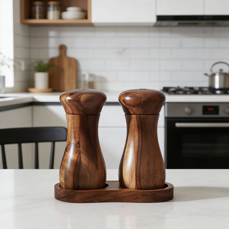 Ensemble de moulins à poivre et à sel de qualité supérieure avec plateau en bois, mécanisme de broyage en céramique, grosseur réglable, conception compacte en bois d'acacia pour la cuisine, la salle à manger et les voyages