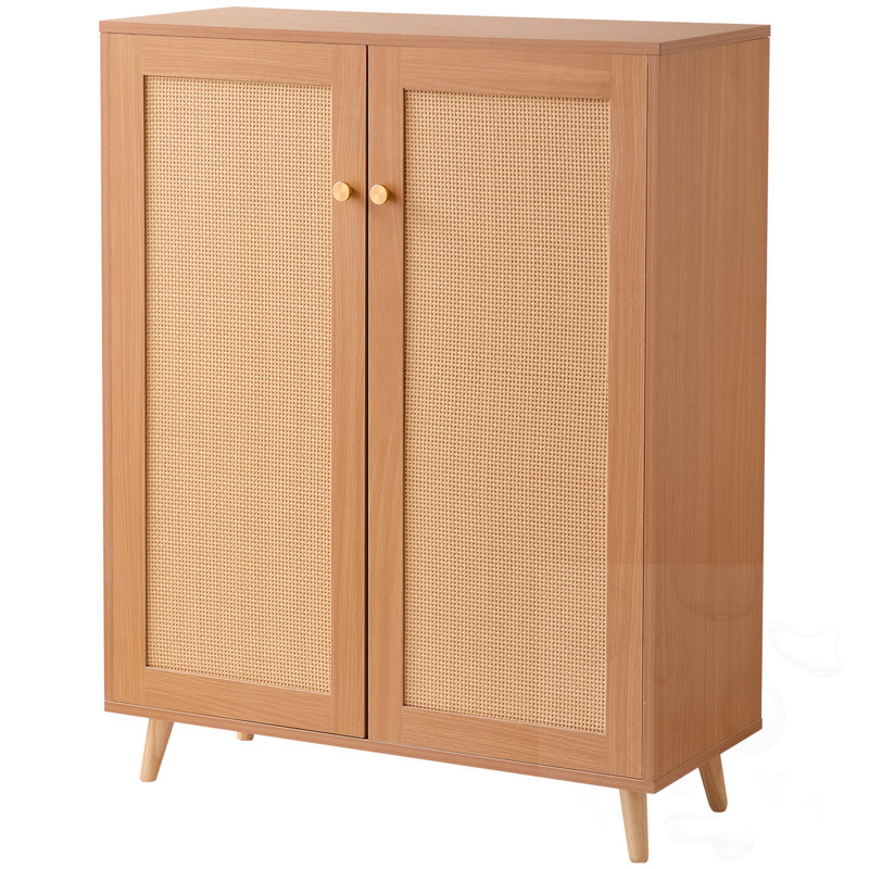 Rattan Shoe Storage Cabinet with Adjustable Shelves and Dual Doors