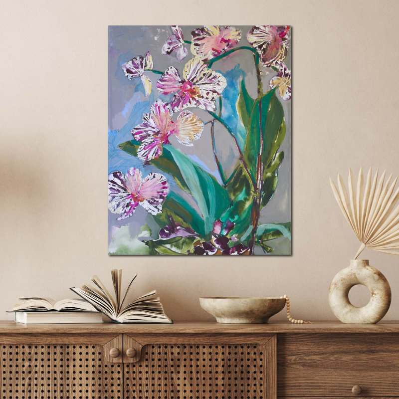 Orchidées et iris I, toile tendue avec châssis, H 20 po x l 16 po
