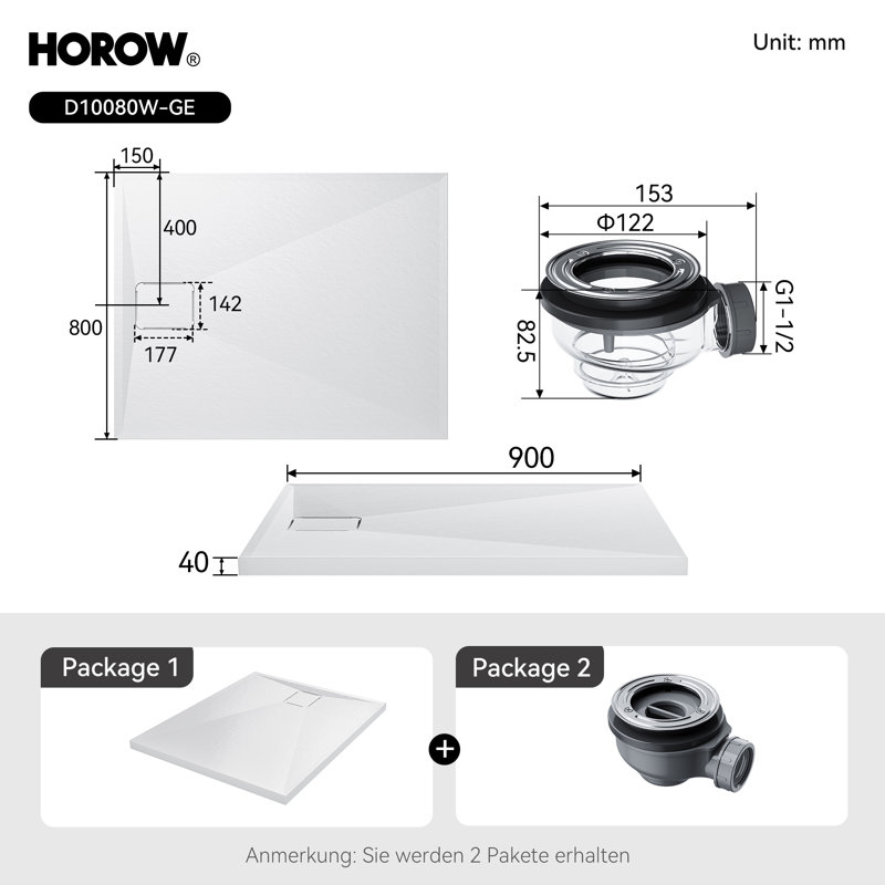 HOROW Shower Tray 100x80 cm, White Acrylic Stone Effect Base – Anti-Slip Slimline Rectangular Tray