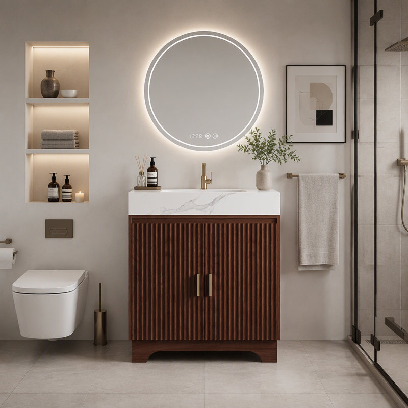 Freestanding Standard Free Standing Single Double Single Vanity Bathroom Vanity With Stone Top, White/Black