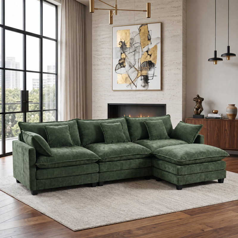 Modular Sectional Sofa, Comfy Cloud Couch With Movable Ottoman, 3-Seat Sofa Sleeper With Side Pockets, Deep Seat Sofa With Double Cushions & 5 Pillows For Living Room(L Shape)