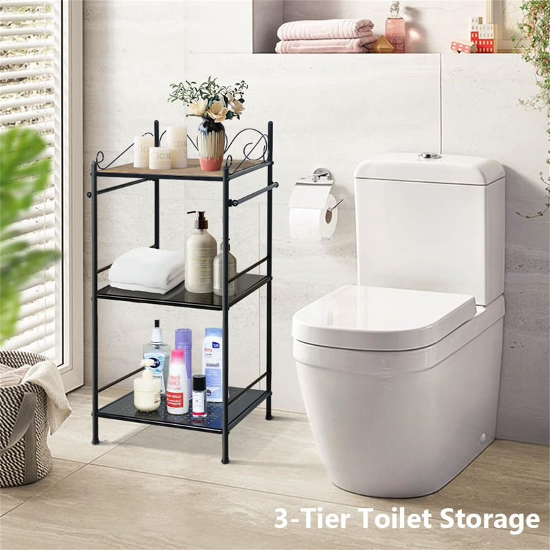 Black 3-Tier Metal Shelving Unit with Wooden Top