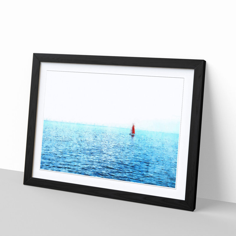 Solo Red Sailboat And Seascape - Single Picture Frame Painting on MDF, Black Framed, 24cm H x 33cm W x 2cm D