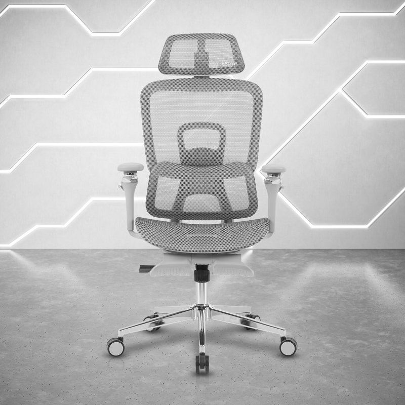 Chaise de bureau ergonomique en filet avec accoudoirs 5D et repose-pieds rétractable, Gris