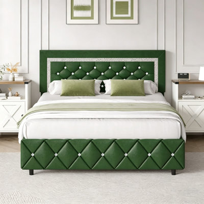 Alber Faux Leather Diamond Tufted Platform Bed with Headboard & 2 Rustic Farmhouse Nightstands Set, Barn Door End Tables with Storage Shelf