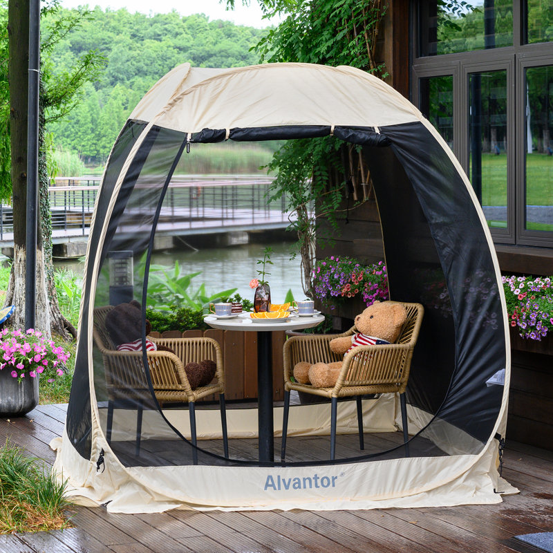 Beige Fiberglass 6' x 6' Pop Up Patio Gazebo with Screen Room