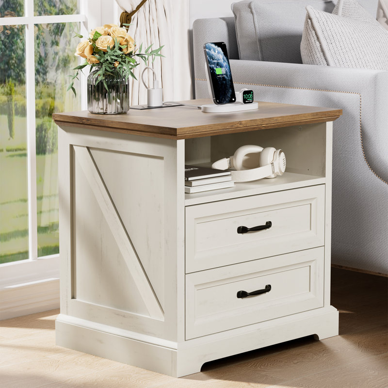 2-Drawer Farmhouse Nightstand With Power Outlet