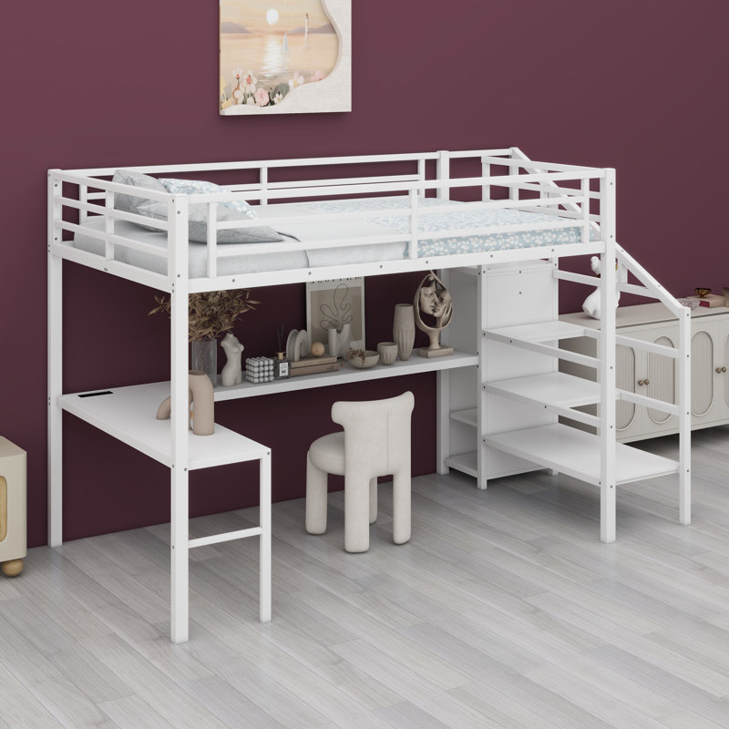 Structure de lit mezzanine avec bureau en L, garde-robe, étagères réglables, ports USB et lumières DEL