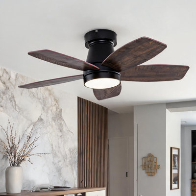 Ventilateur de plafond avec bois massif noir et noyer foncé, commande à distance et flux d'air saisonnier, moteur à courant continu