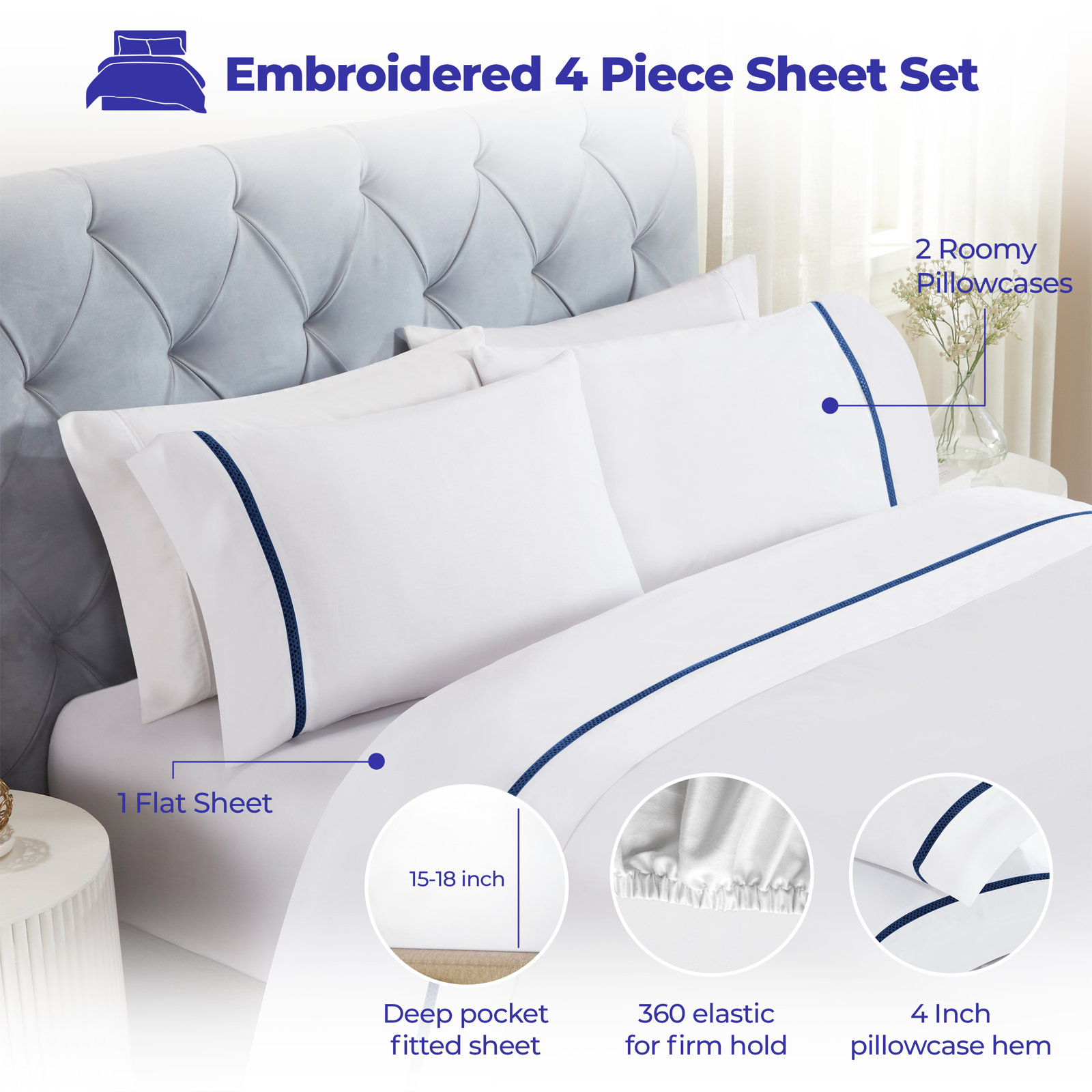 Satin Sheet Set, California King Sheet Set with 2 Pillowcases, White/Navy Blue