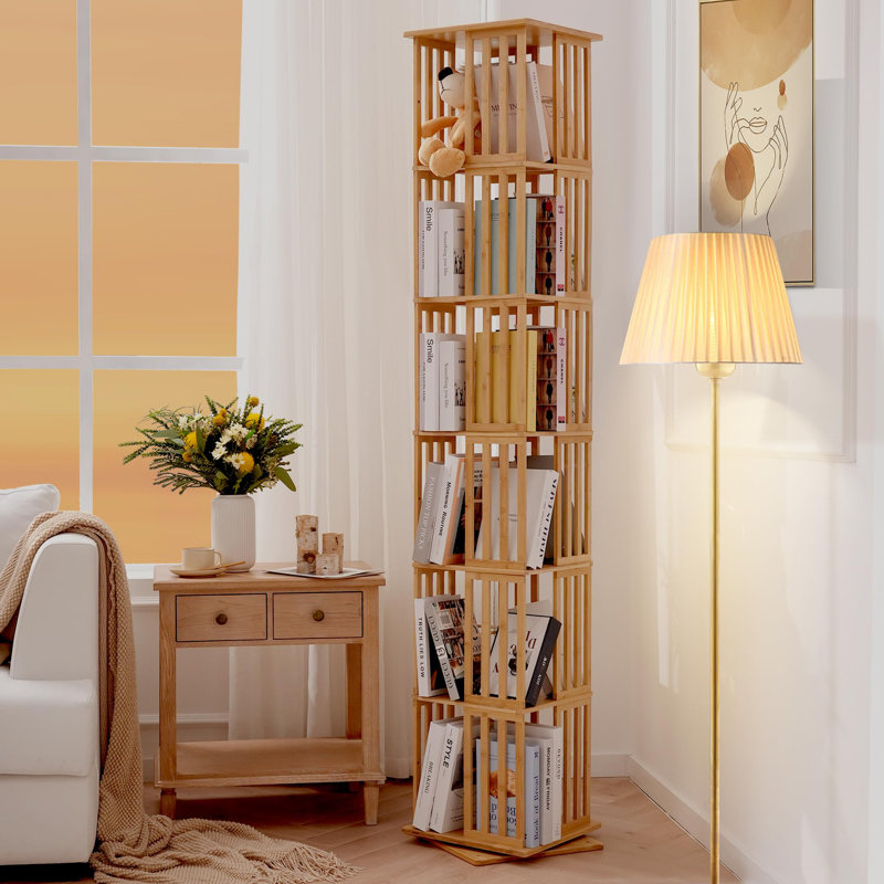Bibliothèque rotative à 360 ° en bambou avec séparateurs croisés pour anti-basculement, organisateur de grande capacité, base stable pour le salon / bureau / bureau (pré-assemblé pour un assemblage facile)