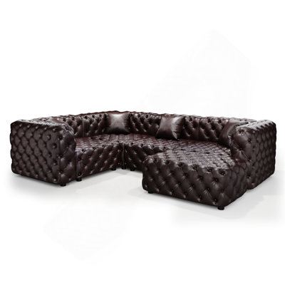 Ensemble de canapé moderne en forme de L de 103,8 po, canapé modulaire rembourré en similicuir 4 places avec conception touffetée à la main pure, 1 repose-pieds et 4 coussins, combinaison multiple pour le salon