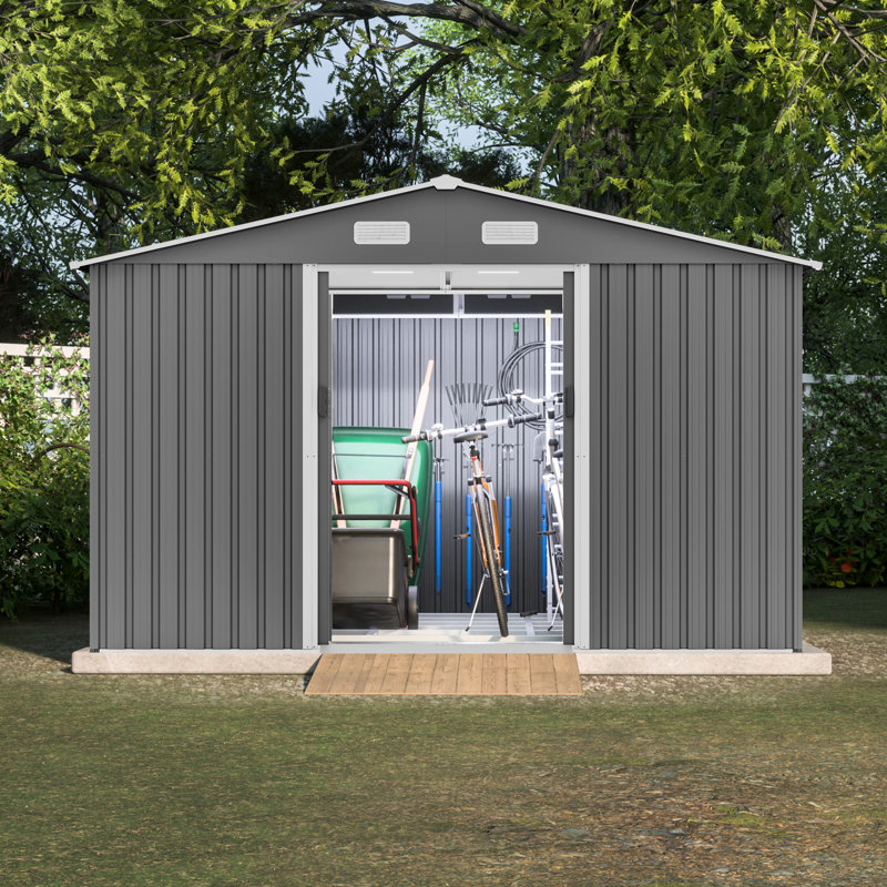 10x8 Ft Metal Foundation Outdoor Shed With Lockable - Protected, All Weather, Gray, Lawn Feature Rain And Snow , For Garden, Lawn, Gray