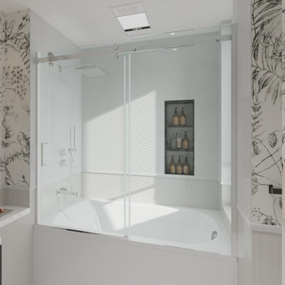 Porte de baignoire coulissante demi-cadre l 52 à 56 po x H 58 po, finition chromée avec verre transparent