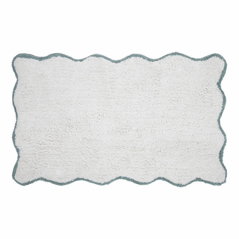 Ebern Designs Home Whitman Cotton Bath Rug, Single - 34" L x 21" W, White/Aqua
