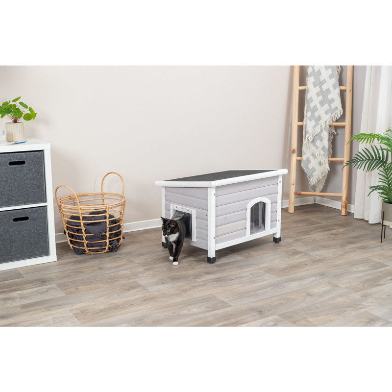 Elevated Weatherproof Gray Fir Wood Cat House with Hinged Roof
