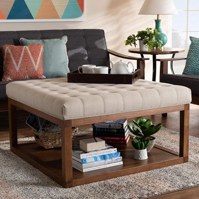  Alvere Modern Contemporary Grey Fabric Upholstered Walnut Cocktail Ottoman