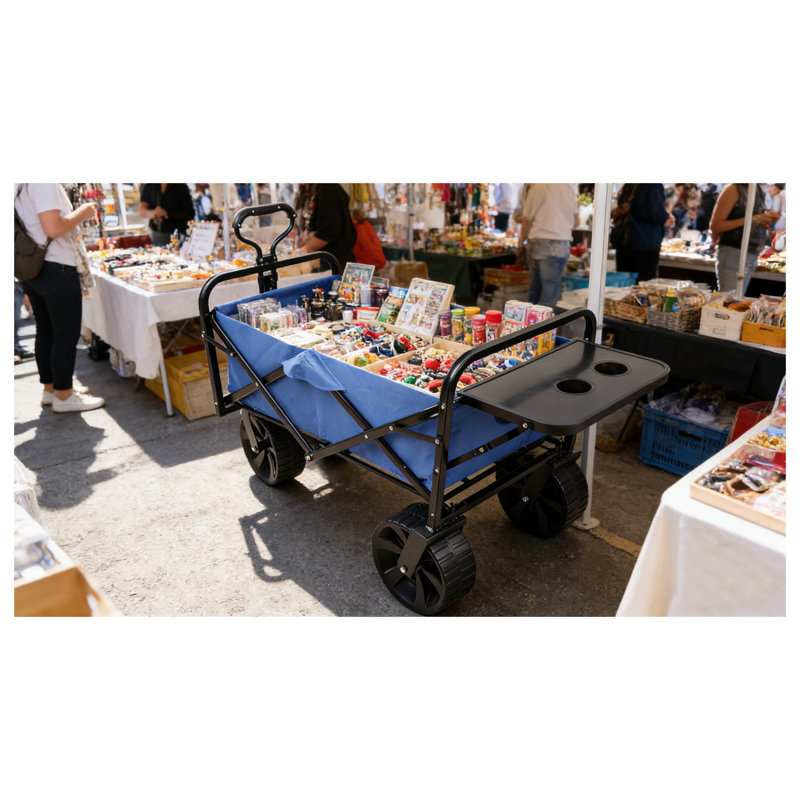 Chariot utilitaire pliable bleu avec roues tout-terrain et porte-gobelets - Chariot de jardin pliable robuste pour le camping, la plage et le magasinage