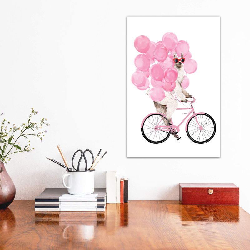 «Iding Llama with Pink Ballons» par Big Nose Work - impression d'art graphique, H 48 po x l 32 po x P 1,5 po, Toile tendue