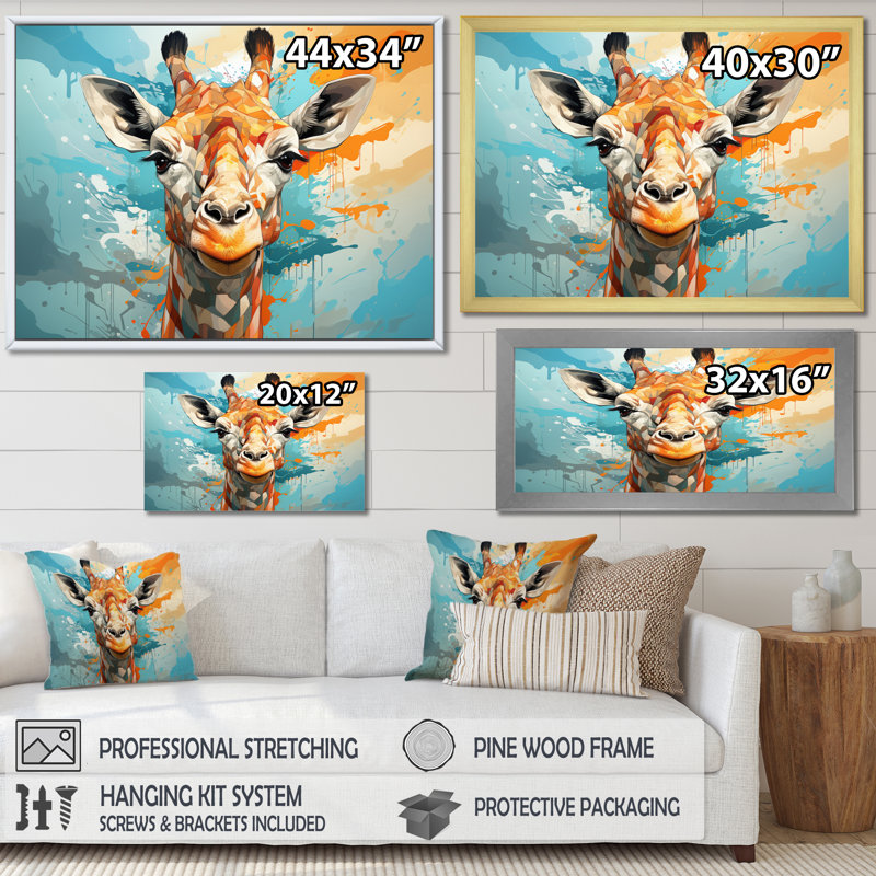 Kristyne Giraffe Elegant Geometric - Girafe, art mural, 16" H x 32" W, Toile tendue