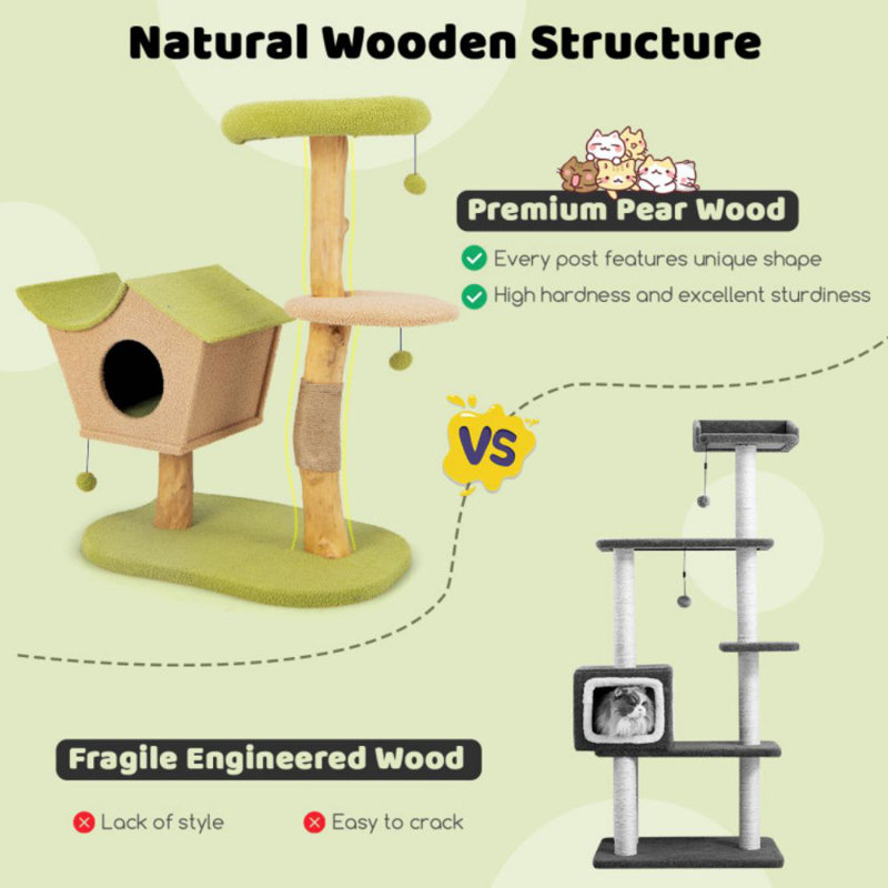 43 Inch Green and Beige Wooden Cat Tree with Perch and Condo