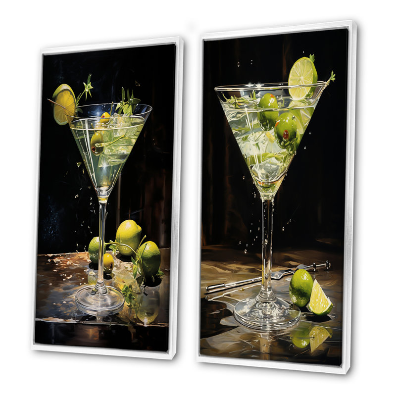«Dirty Martini Mirage Cocktail», ensemble de 2 reproductions d'art mural, Cadre blanc, H 32 po x l 33 po
