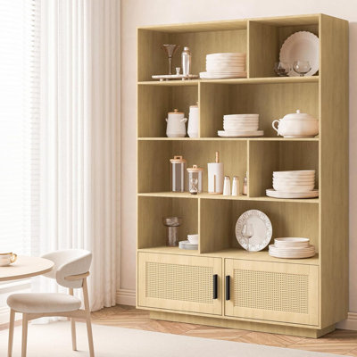 43"W 5 Tier Rattan Bookshelf with Storage Cabinet & Door, Tall Industrial Book Shelf with Open Display Shelves by Bay Isle Home