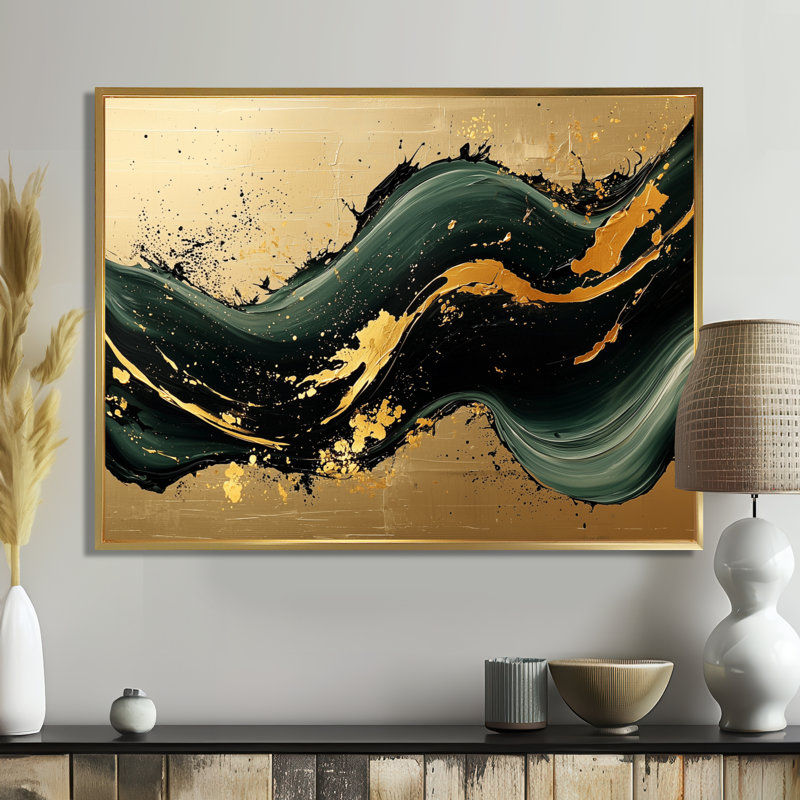 Sable doré des ombres de marbre émeraude II - marbre, art mural, H 12 po x l 20 po, Cadre flottant, Doré