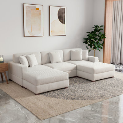 Milbrey 5-Piece Upholstered Beige Corduroy Modular Sectional Sofa With Removable Ottomans & Throw Pillows