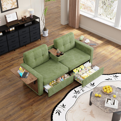 Canapé-causeuse pour le salon, canapé en tissu chenille 70,08 po avec tiroirs de rangement coulissants, tables d'appoint pliables, console porte-gobelet, coussins moelleux en éponge