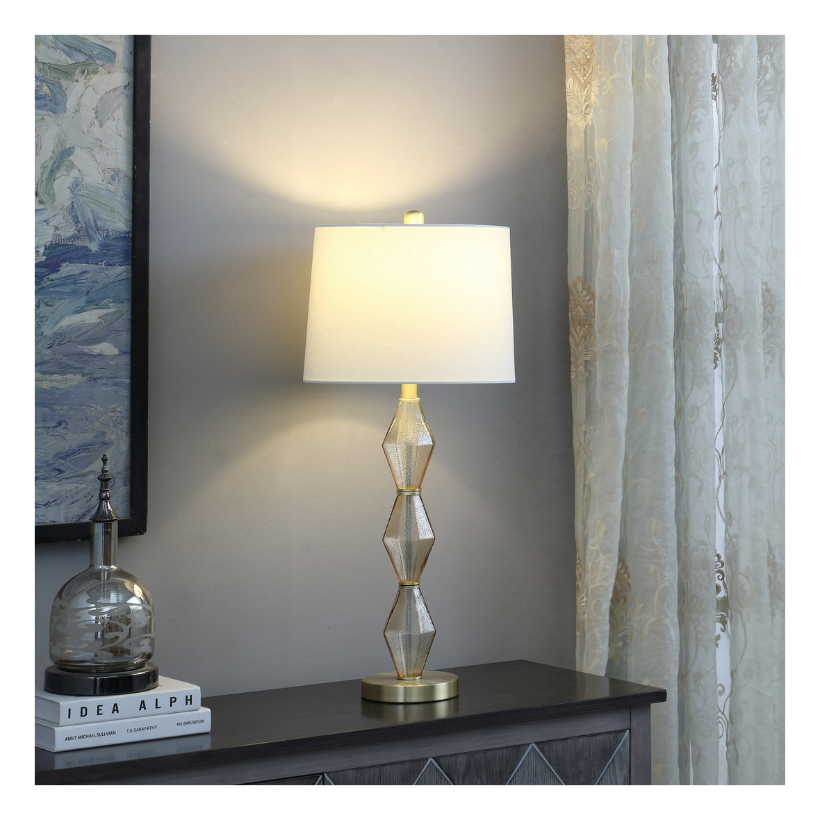 Ebern Designs 29.5'' Modern Geometric Table Lamp with Amber Textured ...