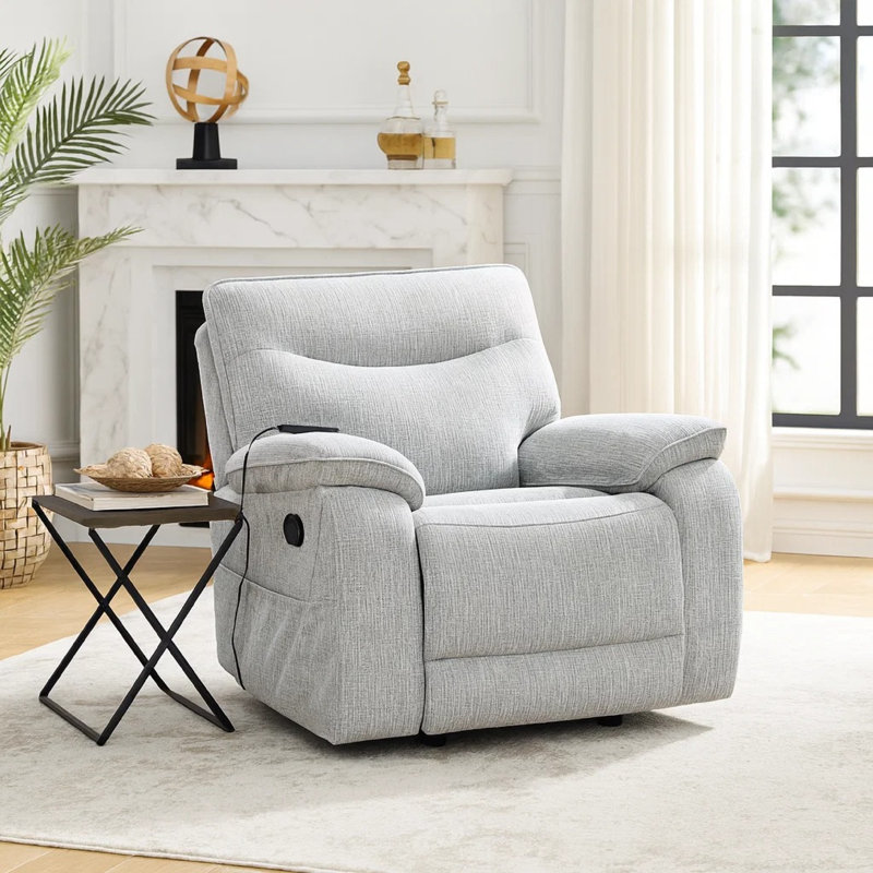 Fauteuil inclinable électrique avec massage Chela, polyester gris mousse, ports USB
